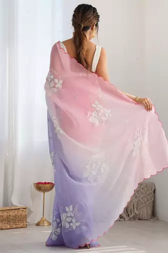 pink embellished sequinned chiffon saree