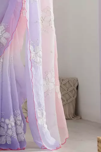pink embellished sequinned chiffon saree