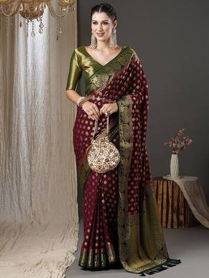burgundy & green ethnic motifs woven design zari georgette kanjeevaram saree 1
