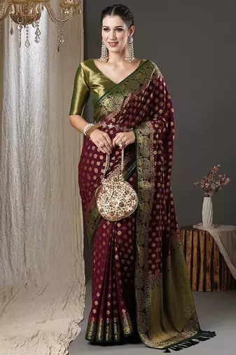 burgundy & green ethnic motifs woven design zari georgette kanjeevaram saree