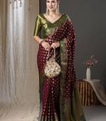 burgundy & green ethnic motifs woven design zari georgette kanjeevaram saree