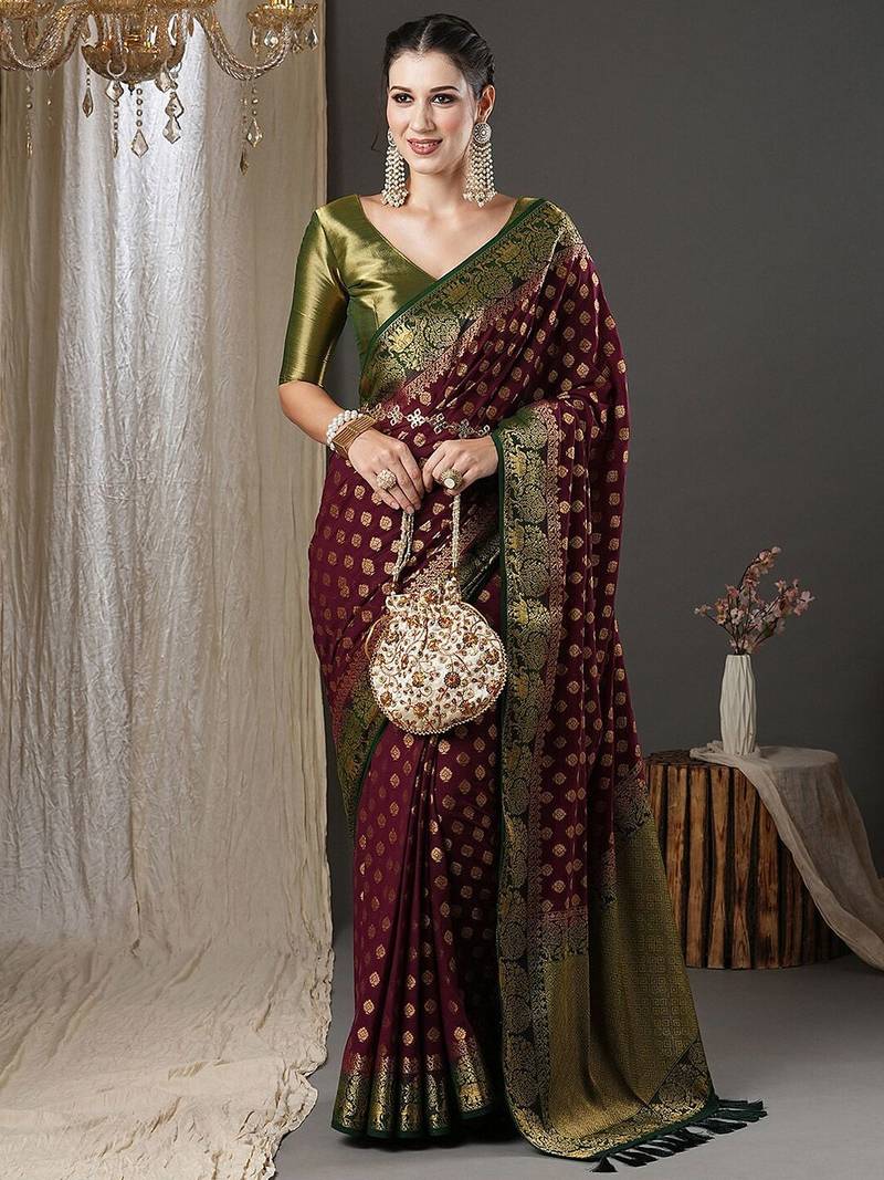 burgundy & green ethnic motifs woven design zari georgette kanjeevaram saree