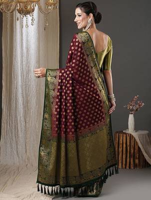 burgundy & green ethnic motifs woven design zari georgette kanjeevaram saree 3