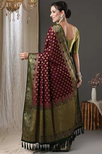 burgundy & green ethnic motifs woven design zari georgette kanjeevaram saree