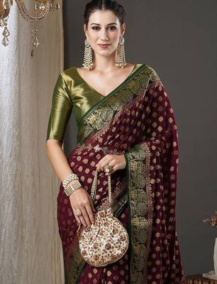 burgundy & green ethnic motifs woven design zari georgette kanjeevaram saree 4