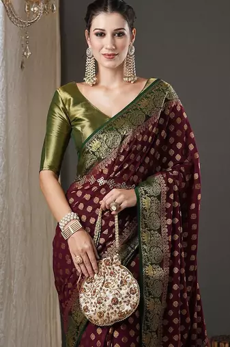 burgundy & green ethnic motifs woven design zari georgette kanjeevaram saree