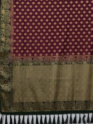 burgundy & green ethnic motifs woven design zari georgette kanjeevaram saree 5