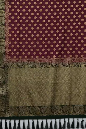 burgundy & green ethnic motifs woven design zari georgette kanjeevaram saree