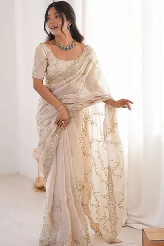 off white embellished embroidered satin heavy work saree