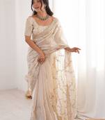 off white embellished embroidered satin heavy work saree