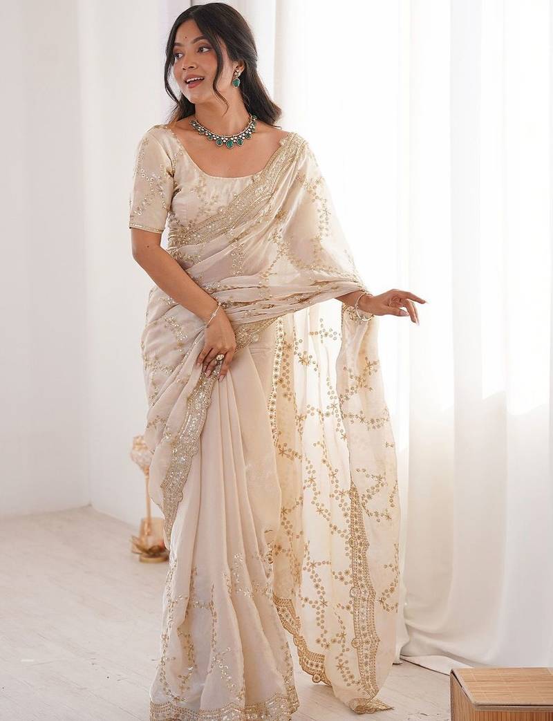 off white embellished embroidered satin heavy work saree