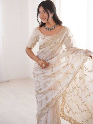off white embellished embroidered satin heavy work saree 2