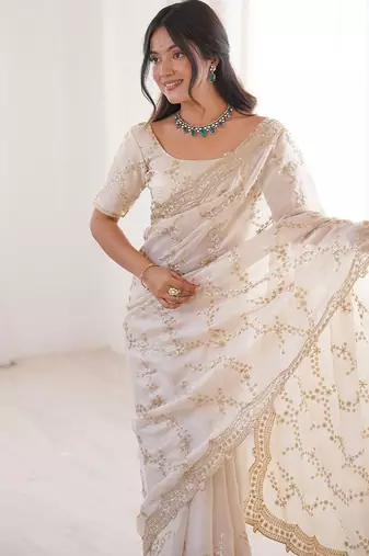 off white embellished embroidered satin heavy work saree