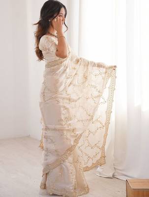 off white embellished embroidered satin heavy work saree 3