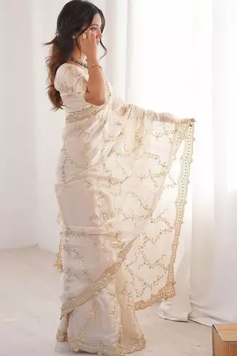 off white embellished embroidered satin heavy work saree