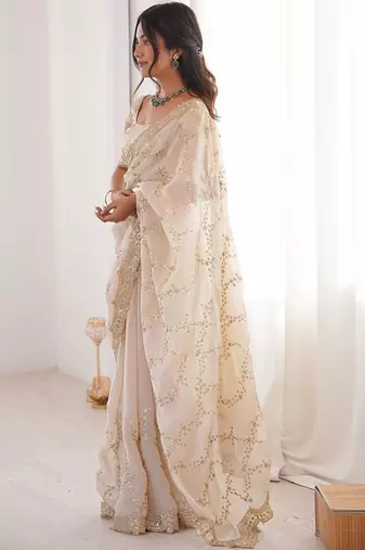 off white embellished embroidered satin heavy work saree