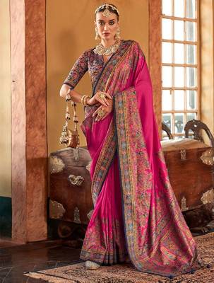 Pink ethnic motifs silk blend banarasi saree 1