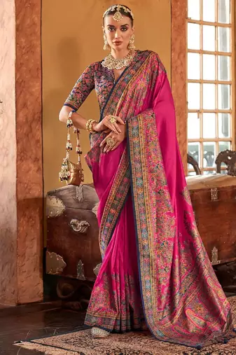 Pink ethnic motifs silk blend banarasi saree