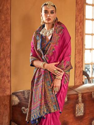 Pink ethnic motifs silk blend banarasi saree 2
