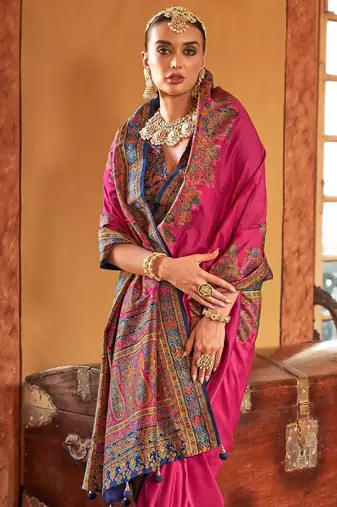 Pink ethnic motifs silk blend banarasi saree