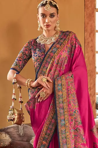 Pink ethnic motifs silk blend banarasi saree