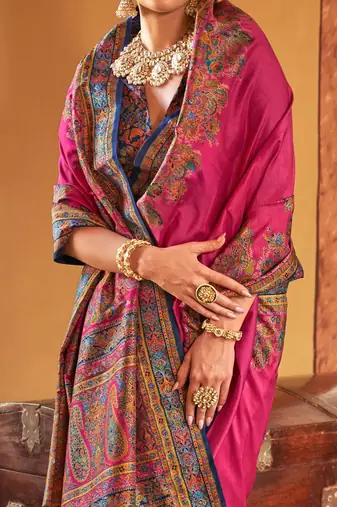 Pink ethnic motifs silk blend banarasi saree
