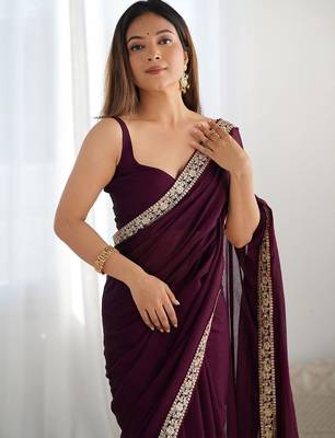 magenta women embellished embroidered satin saree 1