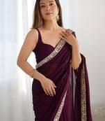 magenta women embellished embroidered satin saree