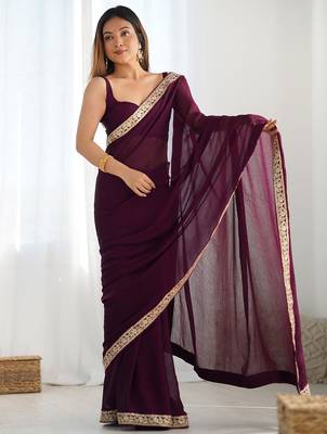 magenta women embellished embroidered satin saree 2
