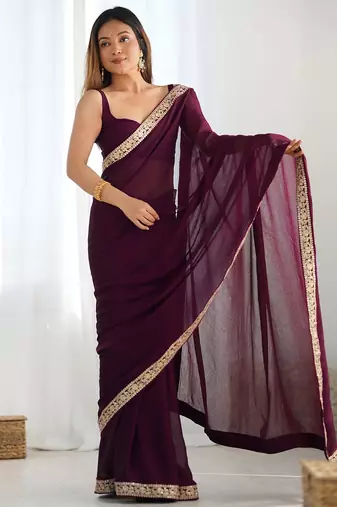 magenta women embellished embroidered satin saree