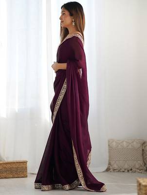 magenta women embellished embroidered satin saree 3