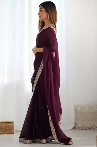 magenta women embellished embroidered satin saree
