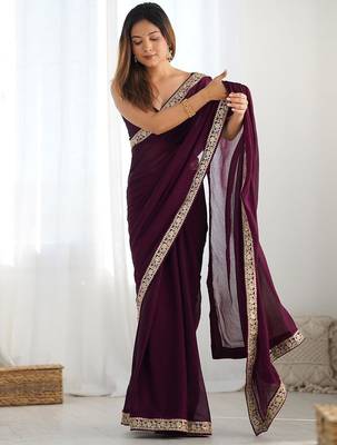 magenta women embellished embroidered satin saree 4