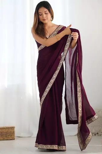 magenta women embellished embroidered satin saree