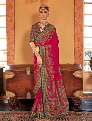 pink ethnic motifs printed banarasi silk blend saree 1