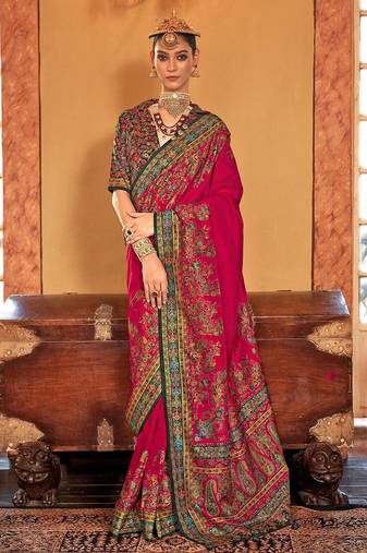 pink ethnic motifs printed banarasi silk blend saree