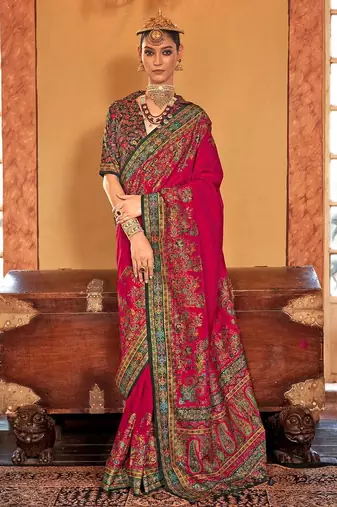 pink ethnic motifs printed banarasi silk blend saree