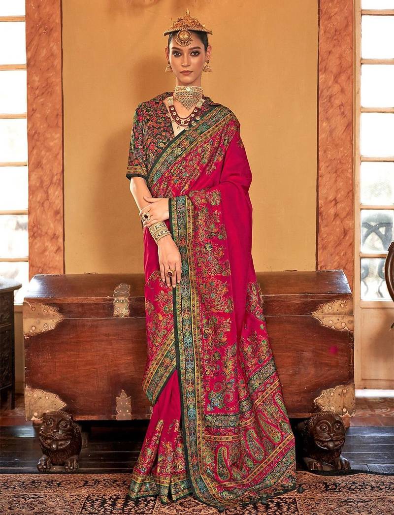 pink ethnic motifs printed banarasi silk blend saree