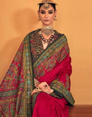 pink ethnic motifs printed banarasi silk blend saree 2