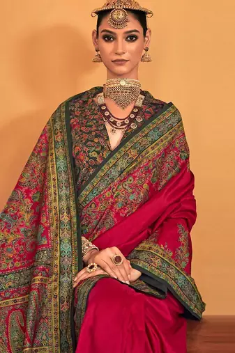pink ethnic motifs printed banarasi silk blend saree