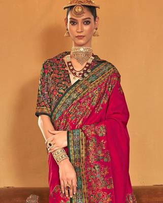 pink ethnic motifs printed banarasi silk blend saree 3