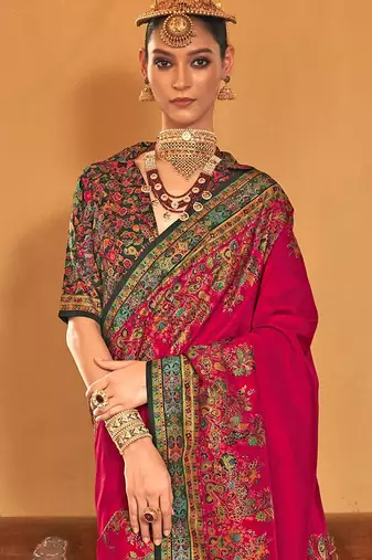 pink ethnic motifs printed banarasi silk blend saree