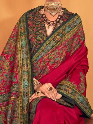 pink ethnic motifs printed banarasi silk blend saree 4