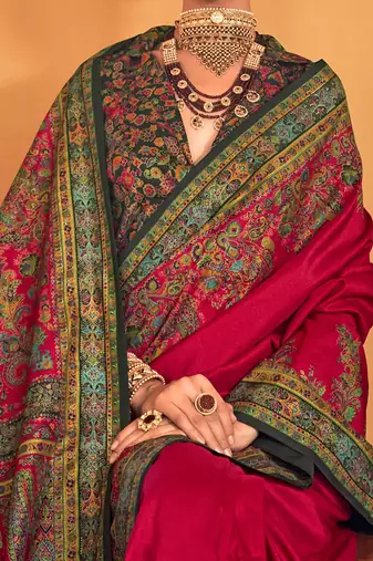 pink ethnic motifs printed banarasi silk blend saree