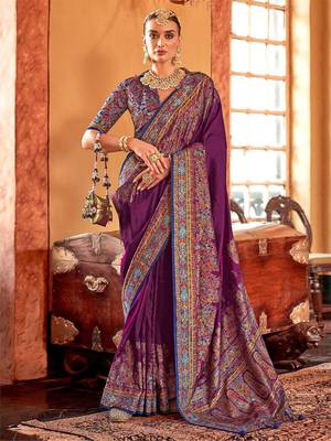 purple ethnic motifs printed banarasi silk blend saree 1