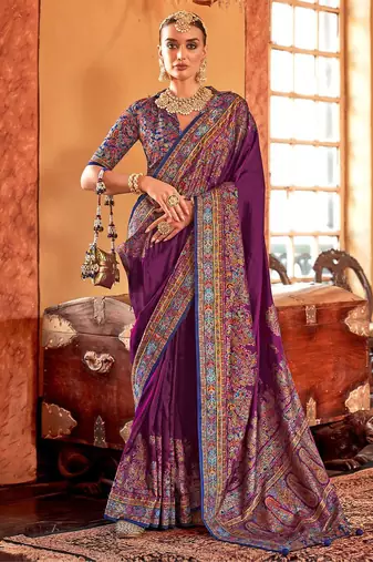 purple ethnic motifs printed banarasi silk blend saree