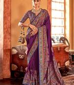 purple ethnic motifs printed banarasi silk blend saree