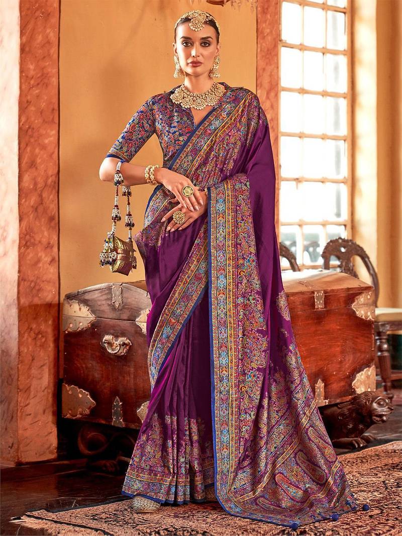 purple ethnic motifs printed banarasi silk blend saree