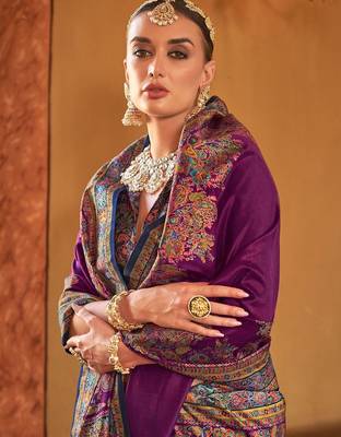 purple ethnic motifs printed banarasi silk blend saree 2