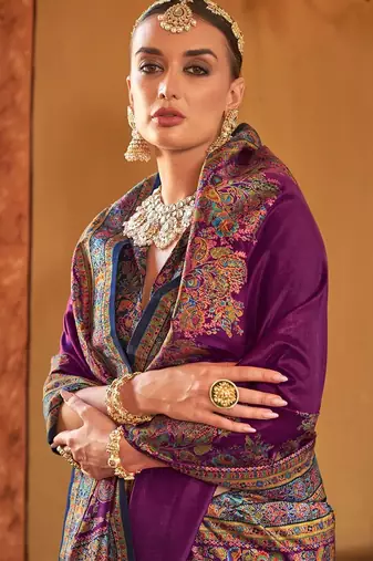 purple ethnic motifs printed banarasi silk blend saree